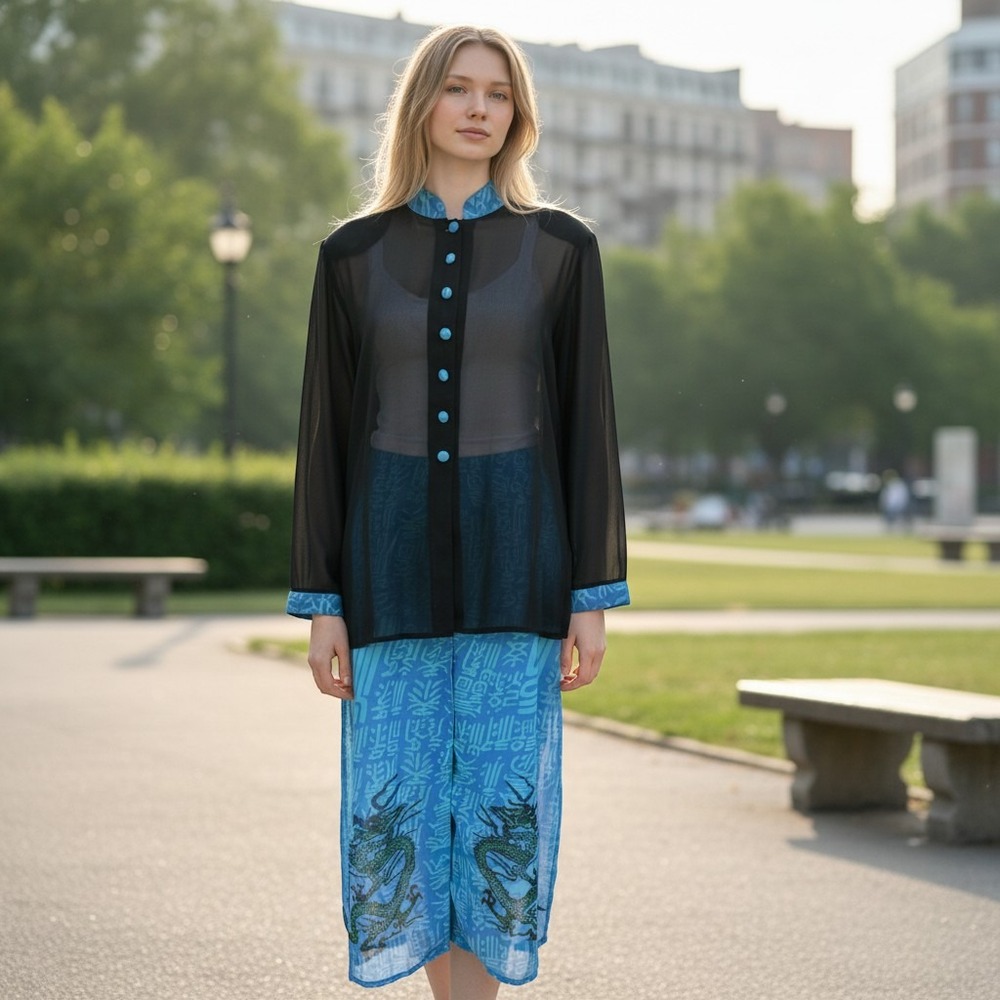 Anthony‎ Mark Hankins90' Sheer Dragon Duster Jacket Womens Small Black Blue